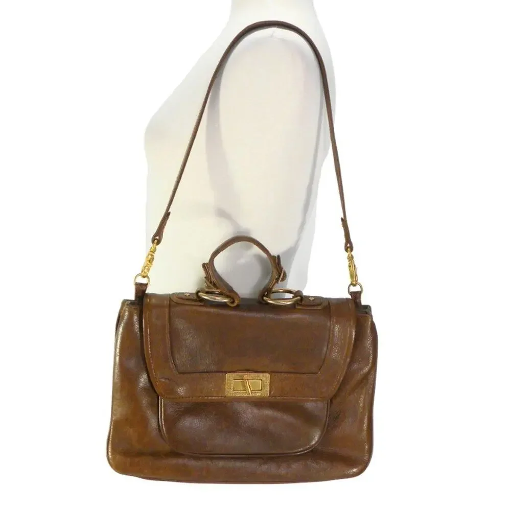 Rebecca Minkoff Covet Satchel Bag Brown Glazed Leather Turnlock Leopard Hobo